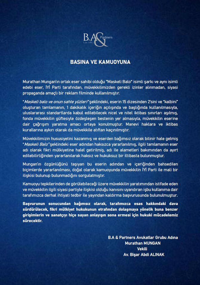 Bişar Alınak & Partners'ın X'te yaptıüı açıklama.