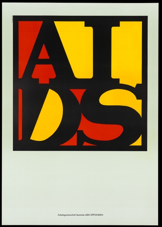 Batı Alman bayrağı renklerinde 'AIDS' kelimesi, Arbeitsgemeinschaft deutscher AIDS-Stiftungen'in reklamı. General Idea tarafından renkli taş baskı, yaklaşık 1989 (?).