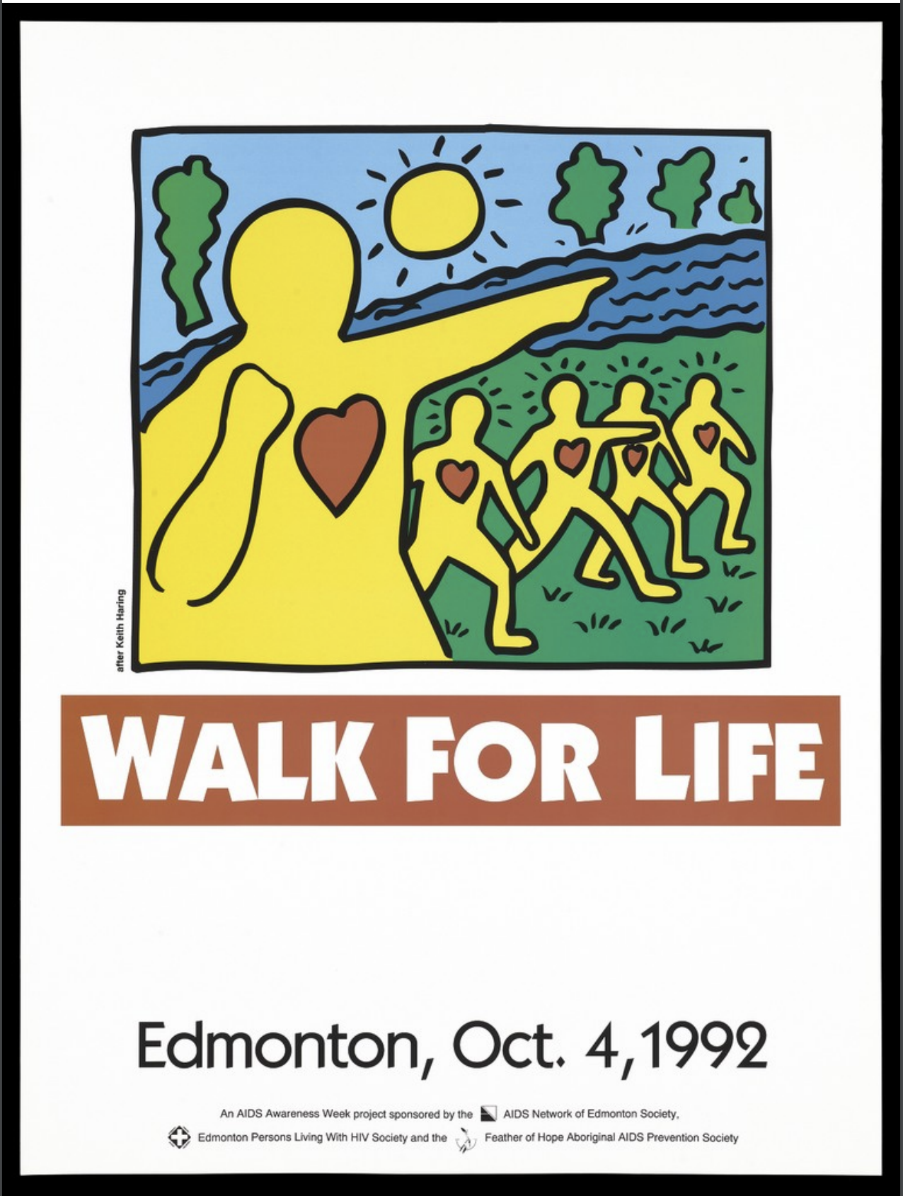 Edmonton Kanada'da 4 Ekim 1992 Pazar günü düzenlenen AIDS Yaşam Yürüyüşü için bir reklamı temsil eden kalpleriyle yürüyen insan siluetleri. Keith Haring'den renkli litografi.