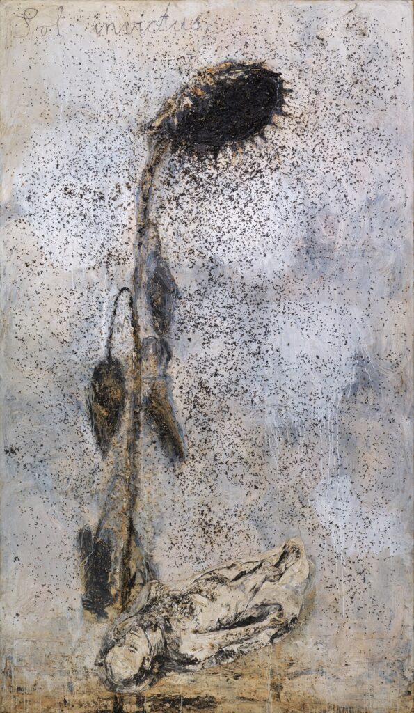 Anselm Kiefer, Sol Invictus, 1995.Emülsiyon. Çuval bezi üzerine akrilik, gomalak ve ayçiçeği tohumu, 473 x 280. Sanatçının koleksiyonu Fotoğraf: Charles Duprat