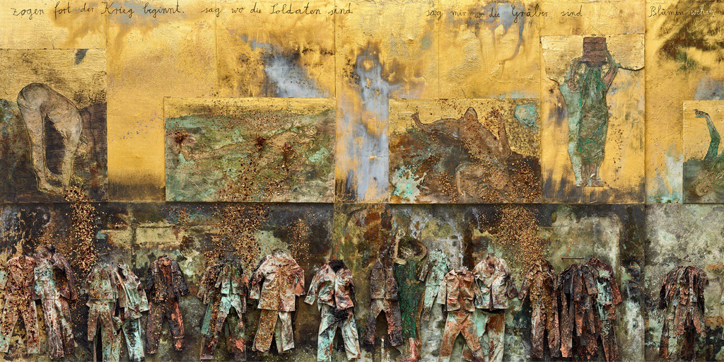 Anselm Kiefer, 'Sag mir wo die Blumen sind' (detay), 2024, Emülsiyon, yağ, akrilik, gomalak, altın varak, elektroliz tortusu, kil, kuru çiçekler, saman, kumaş, çelik, füzen ve tuval üzerine tuval kolajı. Telif hakkı: Anselm Kiefer. Fotoğraf: Atelier Anselm Kiefer