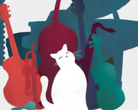 Beyaz bir kedi ve müzik aletlerinin yer aldığı illustrasyon çalışması