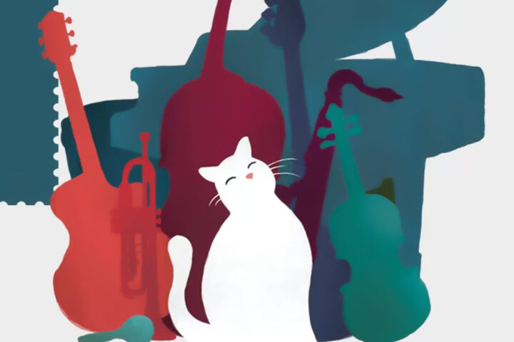 Beyaz bir kedi ve müzik aletlerinin yer aldığı illustrasyon çalışması